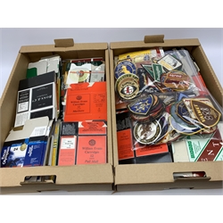 Over ninety predominantly American embroidered cloth badges of shooting interest including rifle clubs and associations, ranges, law enforcement, advertising and promotional etc; and a large quantity of flat-packed cartridge boxes for various makers