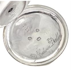 Victorian silver full hunter pocket watch by Grantham, London, No. 55473, white enamel dial with Roman numerals,  case by William Hammon, London 1885, on silver Albertina chain, stamped sterling