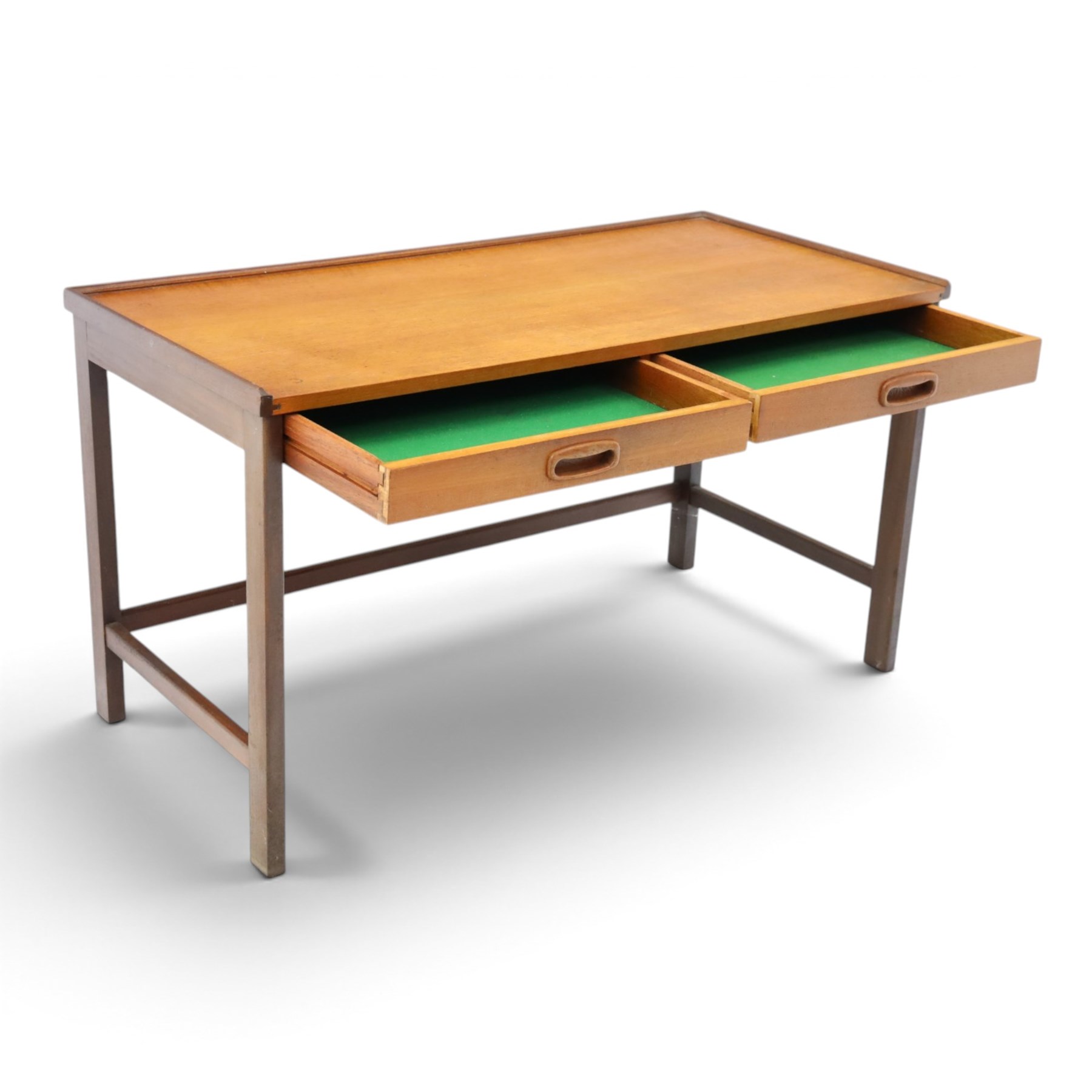 Danish mid-20th century teak small console table, fitted with two baize lined drawers, raised on square supports united by stretchers
