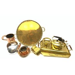 A group of brass and copper, to include brass spirit kettle, brass tray with bamboo modelled gallery, brass rolling pin, copper measure, Picquot ware kettle, etc. 