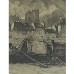 Edgar Lawrence Pattison (British 1872-1950): 'Newport Arch Lincoln', etching signed and titled; Frank Moore (British 20th century): Harbour Scene, etching signed; English school (20th century): Beached Boat with Cathedral Behind, etching inscribed max 19cm x 14cm (3)