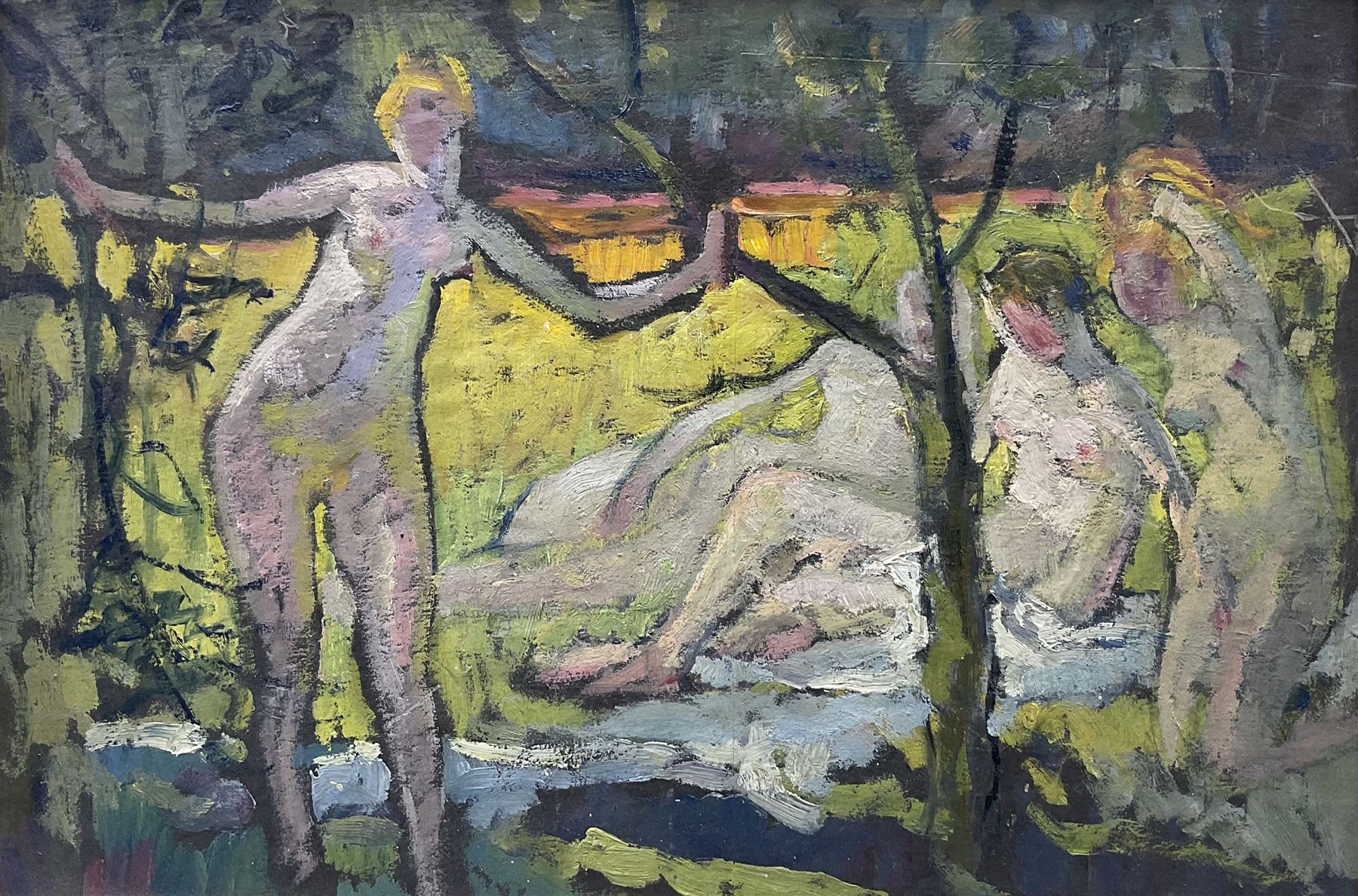 Elsie Marion Henderson (British 1880-1967): 'Bathers by a Stream', oil on canvas laid on to panel unsigned, titled and inscribed verso 27cm x 40cm