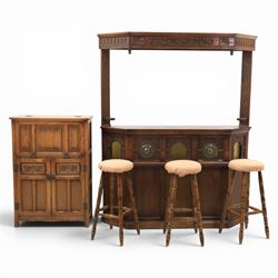 Old Charm - carved oak bar with three bar stools and associated Old Charm drinks cabinet, ...