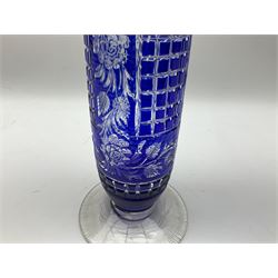 1930s John Walsh crystal blue overlay vase, flared trumpet form engraved with Roses amongst foliage and square cut panels, H36cm