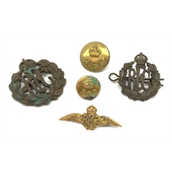 WW1 9ct gold Royal Flying Corps sweetheart bar brooch as a pair of pilot's wings L4cm; two RFC metal badges and two buttons (5)