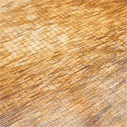 20th century Belgian designer dining table, tessellated parquet-style veneered top within a squared edge frame, raised on black tubular steel supports