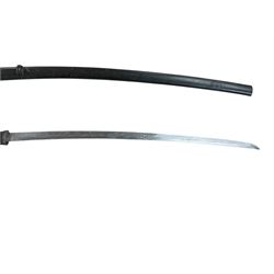 Replica Japanese katana with 63cm curved single edged blade in scabbard, overall L93cm, together with dagger with brass handle in a leather scabbard 