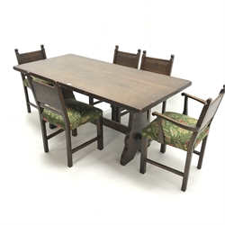 Refectory style oak dining table on shaped end supports jointed by stretcher (W168cm, H74cm, D82cm) and set (4+1) five early 20th century  dining chairs, carved solid splat, upholstered seat (W55cm)