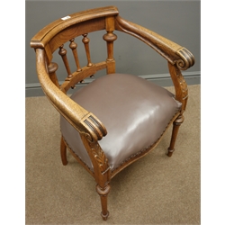  Early 20th century French oak, spindle back, open armchair, leather upholstered seat, turned supports  