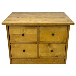 Laura Ashley - contemporary oak tall chest of drawers from the Garrat range, honeycomb rectangular top featuring central groove, over four small drawers with brass knob pulls and four long drawers with drop handles, on plinth base