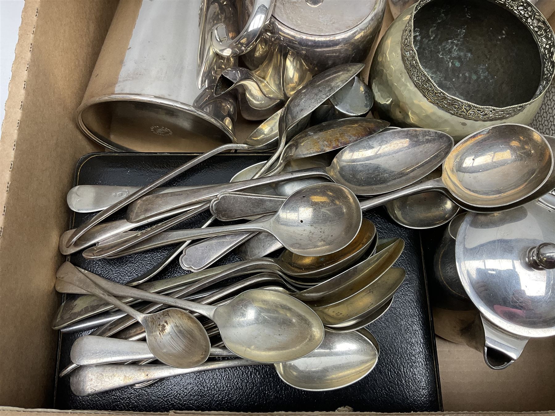 Collection of silver plate to include teapots, coffee pots, milk jug, sucrier, serving spoons, etc, together with pewter tankards 