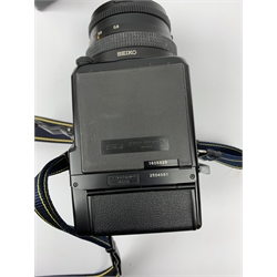 'Zenza Bronica SQ-B' camera fitted with 'Zenza Bronica Zenzanon-PS 1:28 f=80mm' lens, 'Zenza Bronica Zenzanon-PS 1:4 f=150mm' lens and 'Zenza Bronica Zenzanon-S 1:35 f=50mm' lens, with an instruction booklet