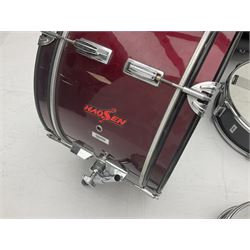 Rockburn eight-piece black drum kit with bass drum, floor tom and five other toms and snare drum; together with two other snare drums; Haosen bass drum; four cymbals; various stands, foot pedals, stool, tri-angle, drum sticks etc