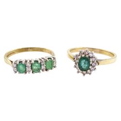 Two 9ct gold emerald and round brilliant cut diamond cluster rings, both hallmarked