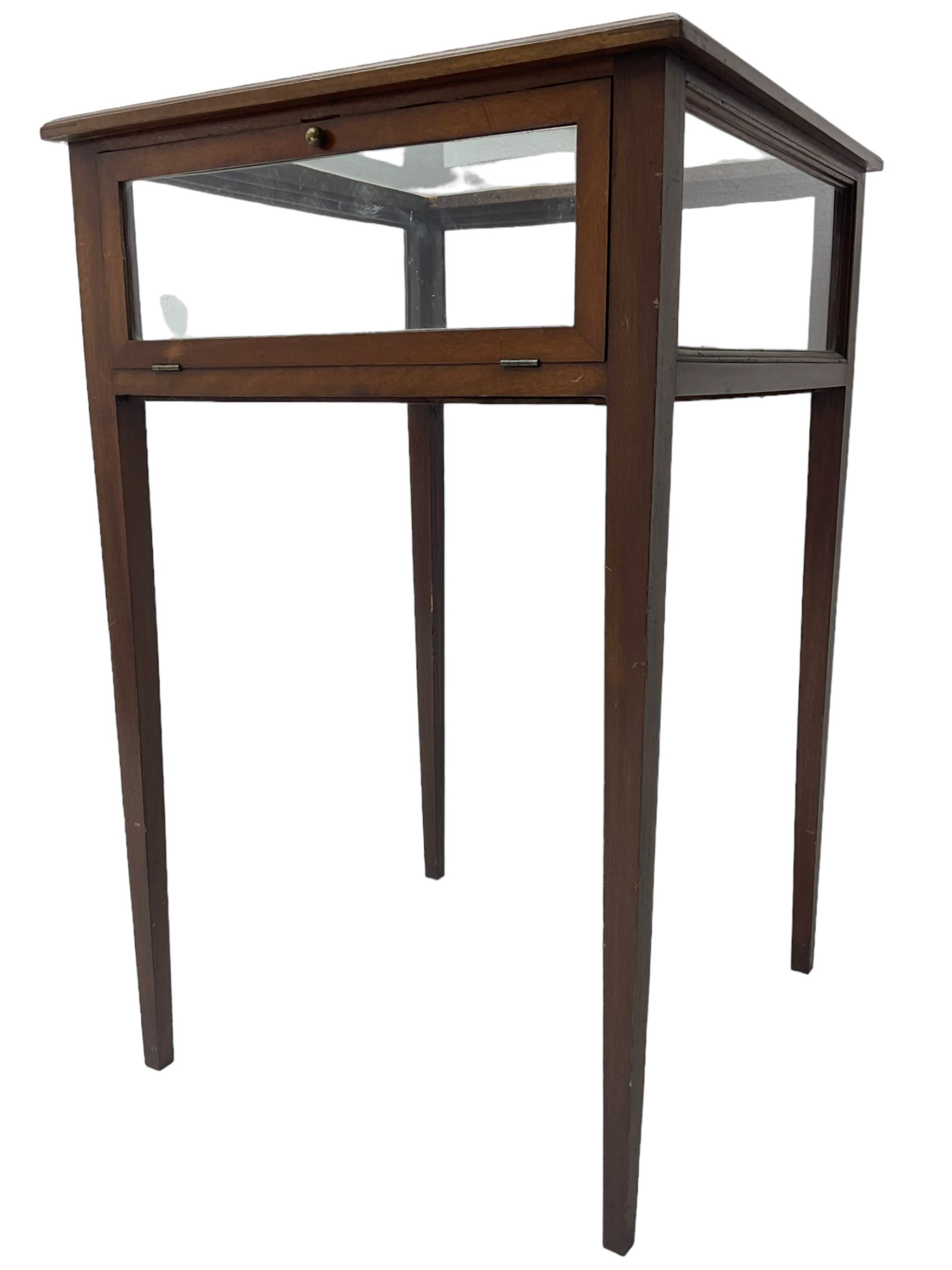 Edwardian inlaid mahogany bijouterie cabinet, glass inset top in moulded frame with satinwood band, fall front glazed door, on square tapering supports 