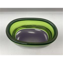 Stuart Akroyd glass vase, green banded top and opaque purple lower section with bubble inclusions, with sticker and engraved signature beneath, H25cm