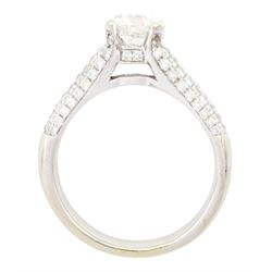 18ct white gold diamond ring, set with a single round brilliant cut diamond of approx 1.10 carat, five row pave set diamond shoulders and gallery, stamped 750, total diamond weight approx 1.50 carat