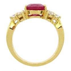 18ct gold ruby and diamond ring, single oval cut ruby of approx 5.35 carat, with three round brilliant cut diamonds set either side, stamped, total diamond weight approx 1.00 carat