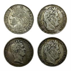 Four French silver five franc coins, dat