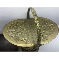 Victorian Benham & Froud Arts and Crafts brass coal scuttle, with Victorian diamond registration mark, together with a copper and brass scuttle of helmet form, tallest H50cm