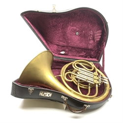 La Fleur & Son Alliance brass French horn imported by Boosey & Hawkes London serial no.3436 in fitted carrying case with key change slide and mouthpiece