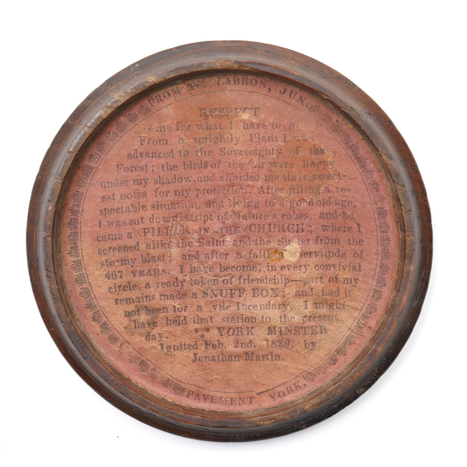 Salvaged oak snuff box, formed from a York Minster pillar, with repeating semi-circular decoration, with white metal cartouche with engraved initials, W9cm