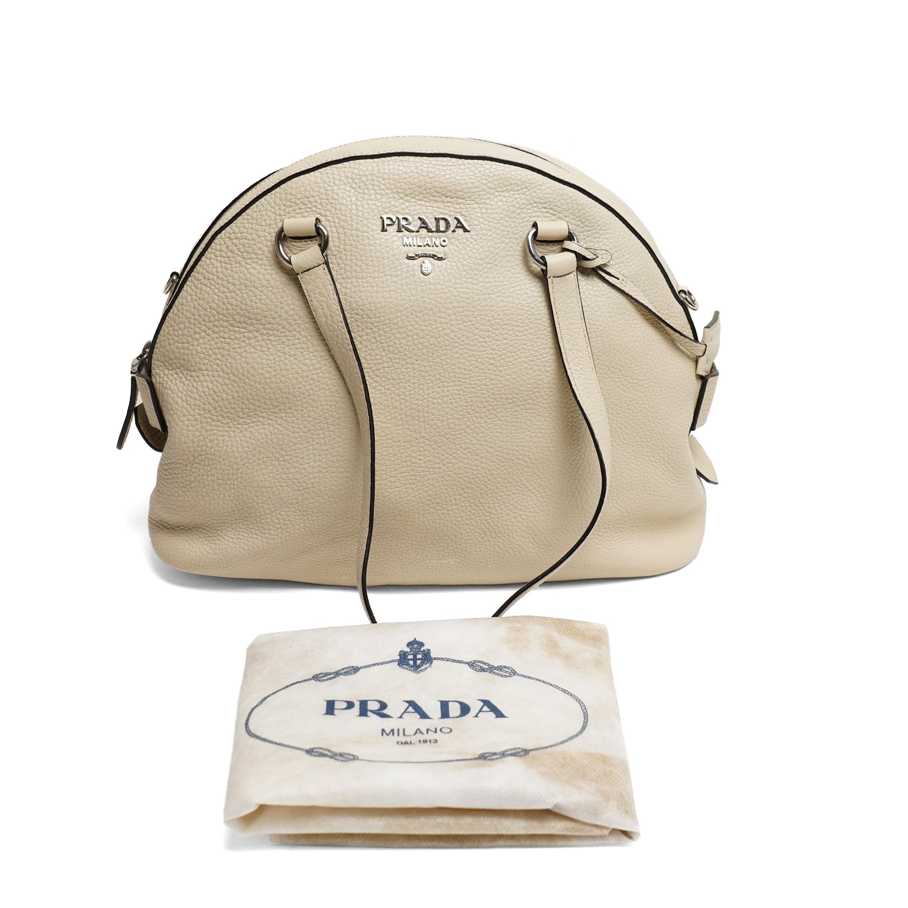 Prada - Bauletto handbag in Quarzo Vitello Daino pebbled calf leather with black piping, with twin leather top handles, silver-tone Prada Milano logo and hardware, zip top fastening, detachable and adjustable shoulder strap and leather clochette, with authenticity cards and original Prada dust bag
