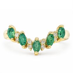 14ct gold emerald and diamond wishbone ring, five marquise cut emeralds, spaced by eight r...