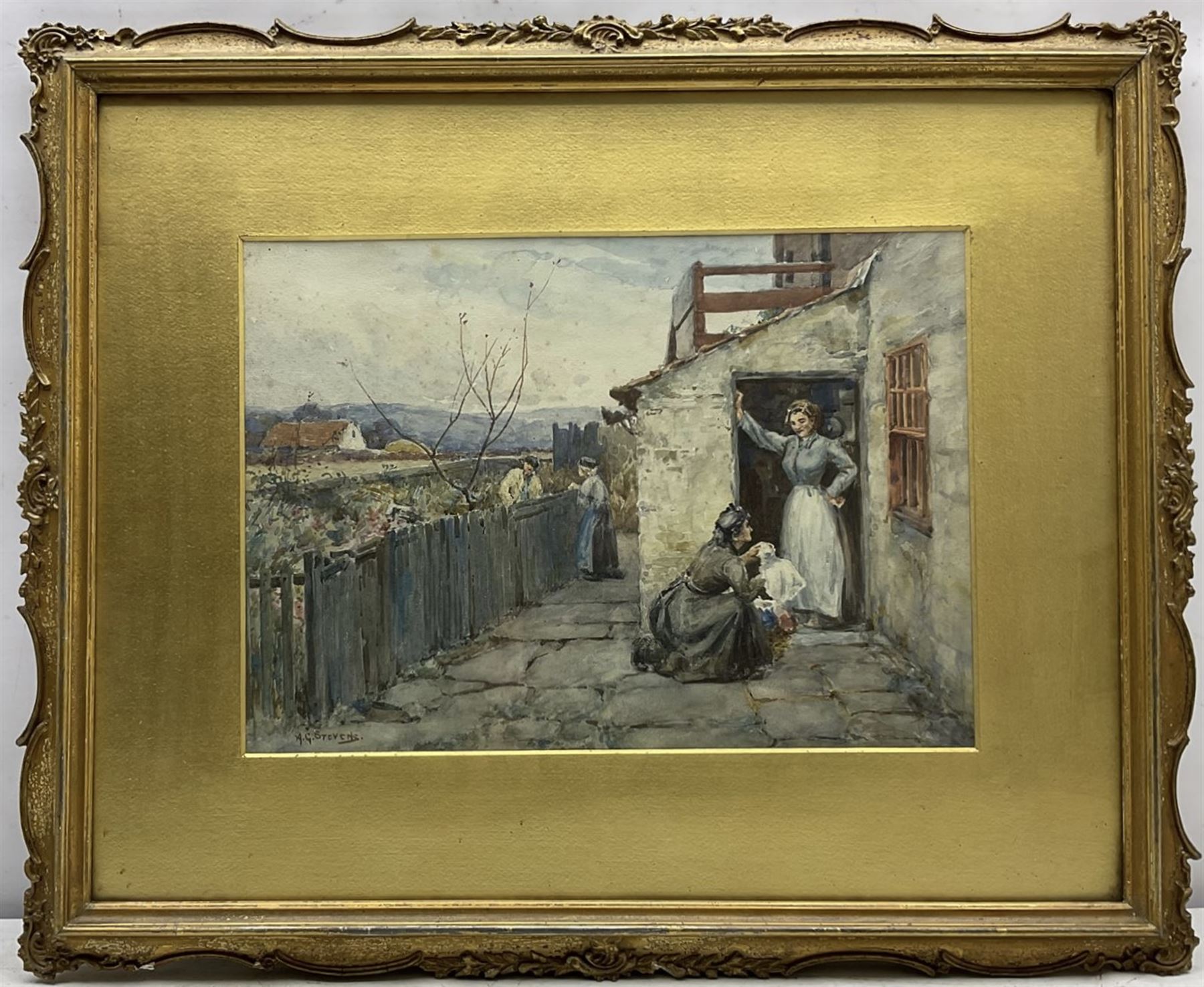Albert George Stevens (Staithes Group 1863-1925): Gossiping at the Cottage Doorway, watercolour signed 25cm x 36cm