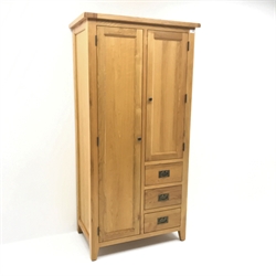  Light oak double combination wardrobe, two doors, three drawers, stile end supports, W90cm, H181cm, D54cm  
