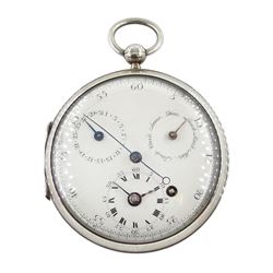 19th century silver open face French verge calendar pocket watch, front wound, white enamel dial with outer Arabic minute ring, separate dials for time, day and date, engine turned screw back case engraved 9713