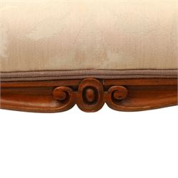 French walnut dressing stool, upholstered in pink damask fabric, raised on cabriole legs 