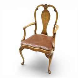 Queen Anne Design walnut kneehole desk with matching chair, rectangular figured top with crossbanding, three frieze drawers, raised on cabriole supports, the chair with serpentine front raised on cabriole supports