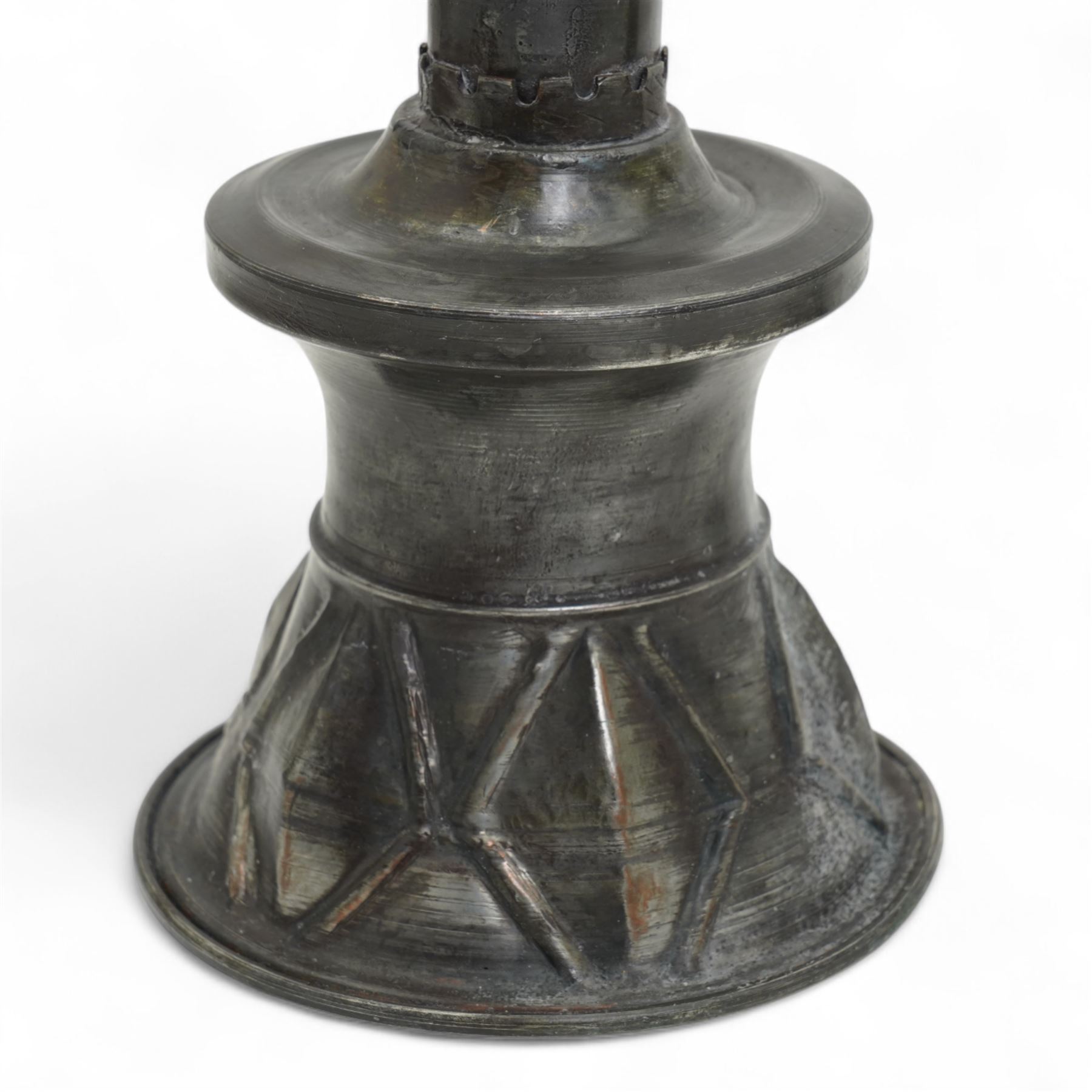 Pair of Ottoman leaded copper bell based candlesticks, H30cm