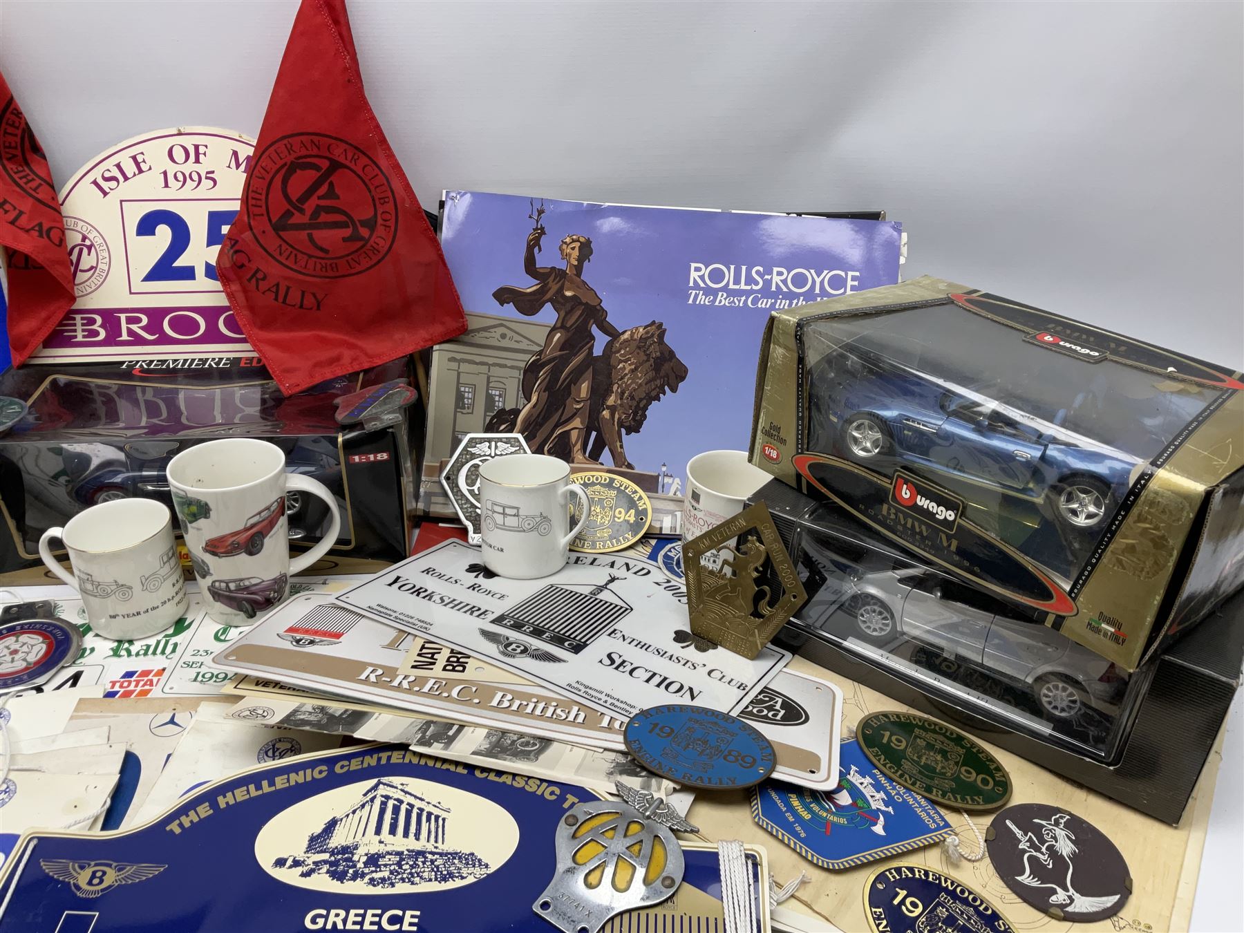 Vintage metal automobile clubs car badges, together with Esso yellow handy oil can,  Maisto 1:18 scale BMW ZA, Urago 1:18 scale BMW M, and other car memorabilia 