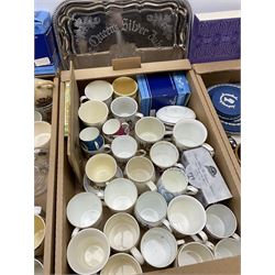 A large collection of commemorative ware, including Wedgewood Jasperware plates and trinket box for Royal silver jubilee, Shelley teacup and saucer for Edward VIII coronation, Bisto cups and saucers for George V and Queen Mary's coronation in 1911, loving cup, 1937 Coronation basket, thimbles, magazines and new cuttings etc. 