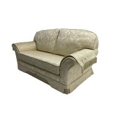 Two seat sofa (W187cm) and two matching armchairs (W112cm) upholstered in cream damask fabric