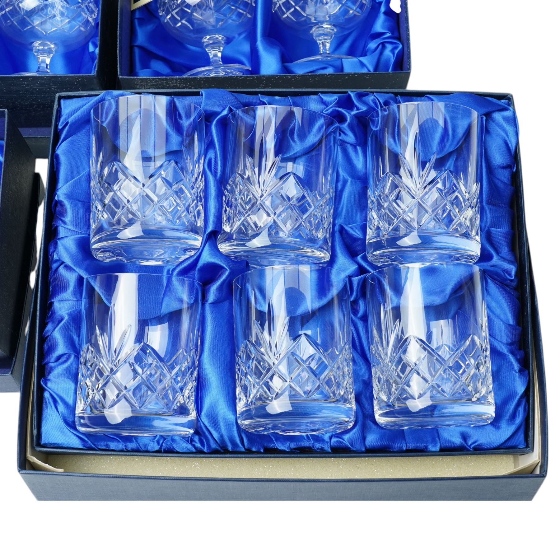 Set of six Henry Marchant crystal brandy glasses and six whisky tumblers, boxed