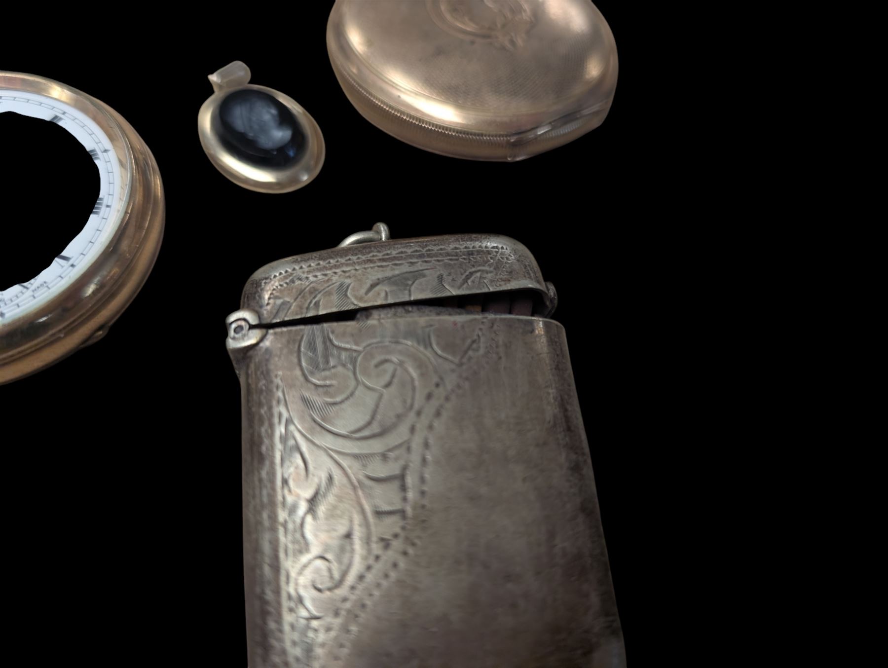 Two gold plated pocket watches, including open faced Vertex example, together with a silver plated vesta case and a Sarah Coventry pendant