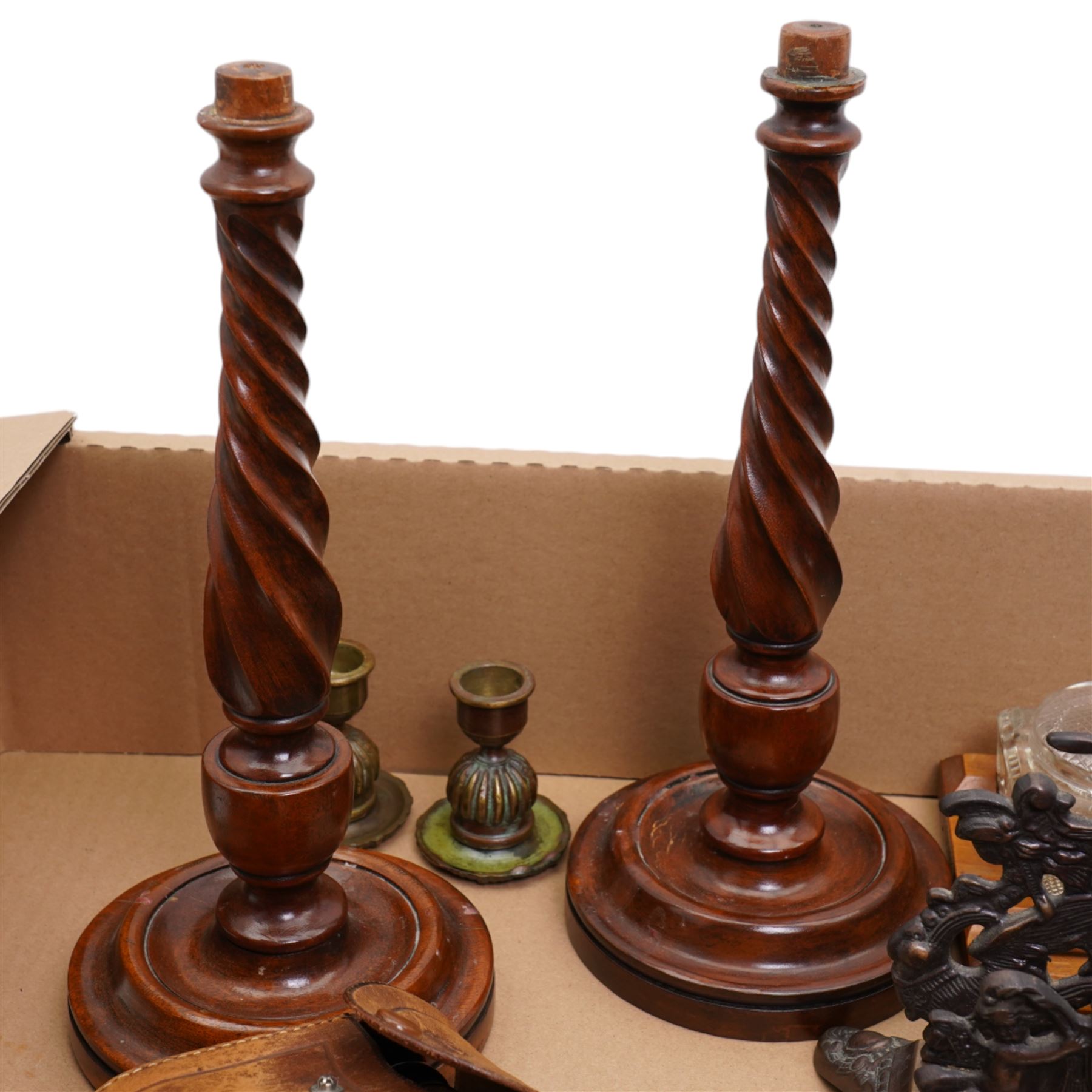 Pair of mahogany spiral column candlesticks, Indian inkstand, wooden inkstand and a pair of Earth Superior opera glasses in leather case