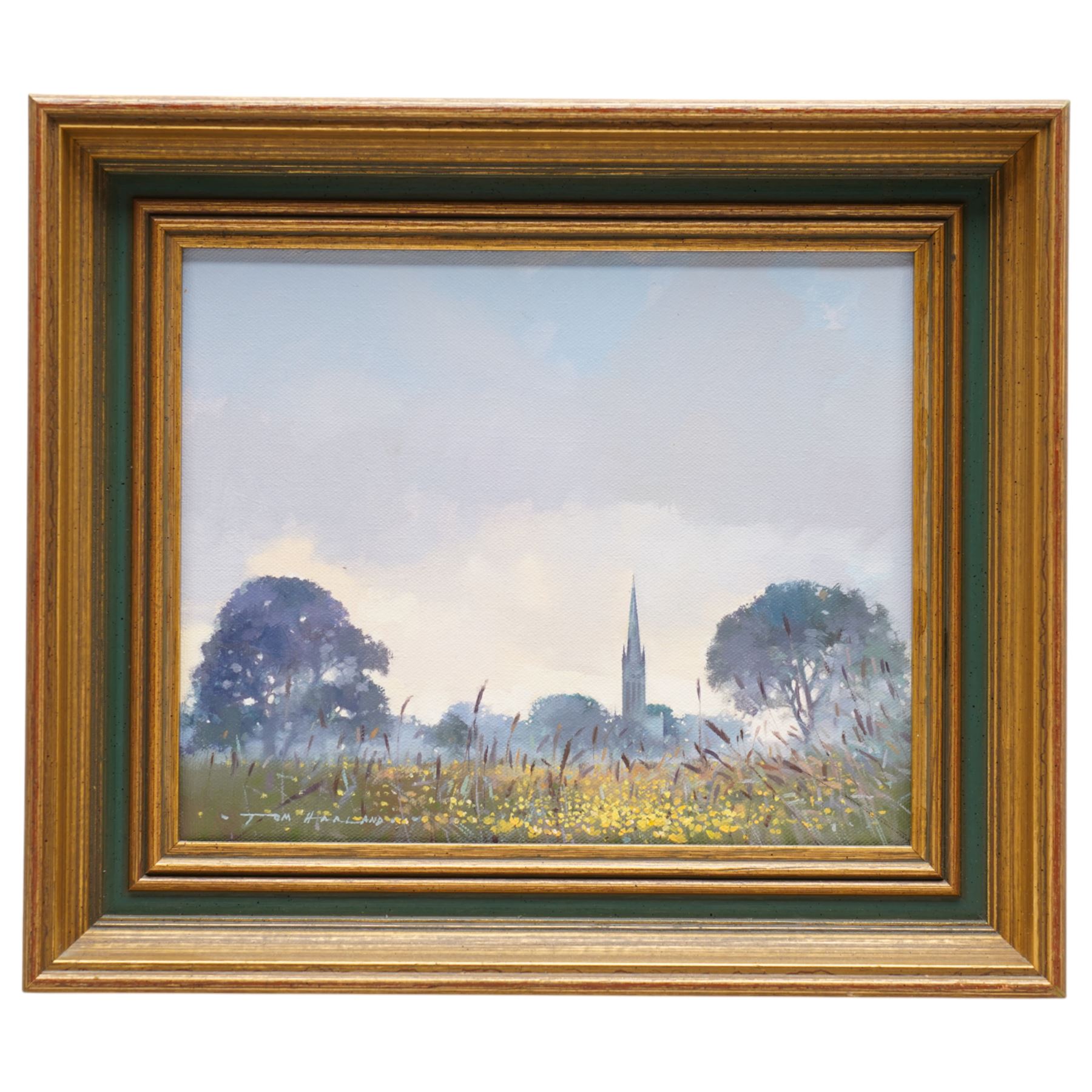 Tom Harland (Yorkshire 1945-2012): 'A Rash of Buttercups - South Dawton', oil on canvas signed, titled verso 20cm x 25cm