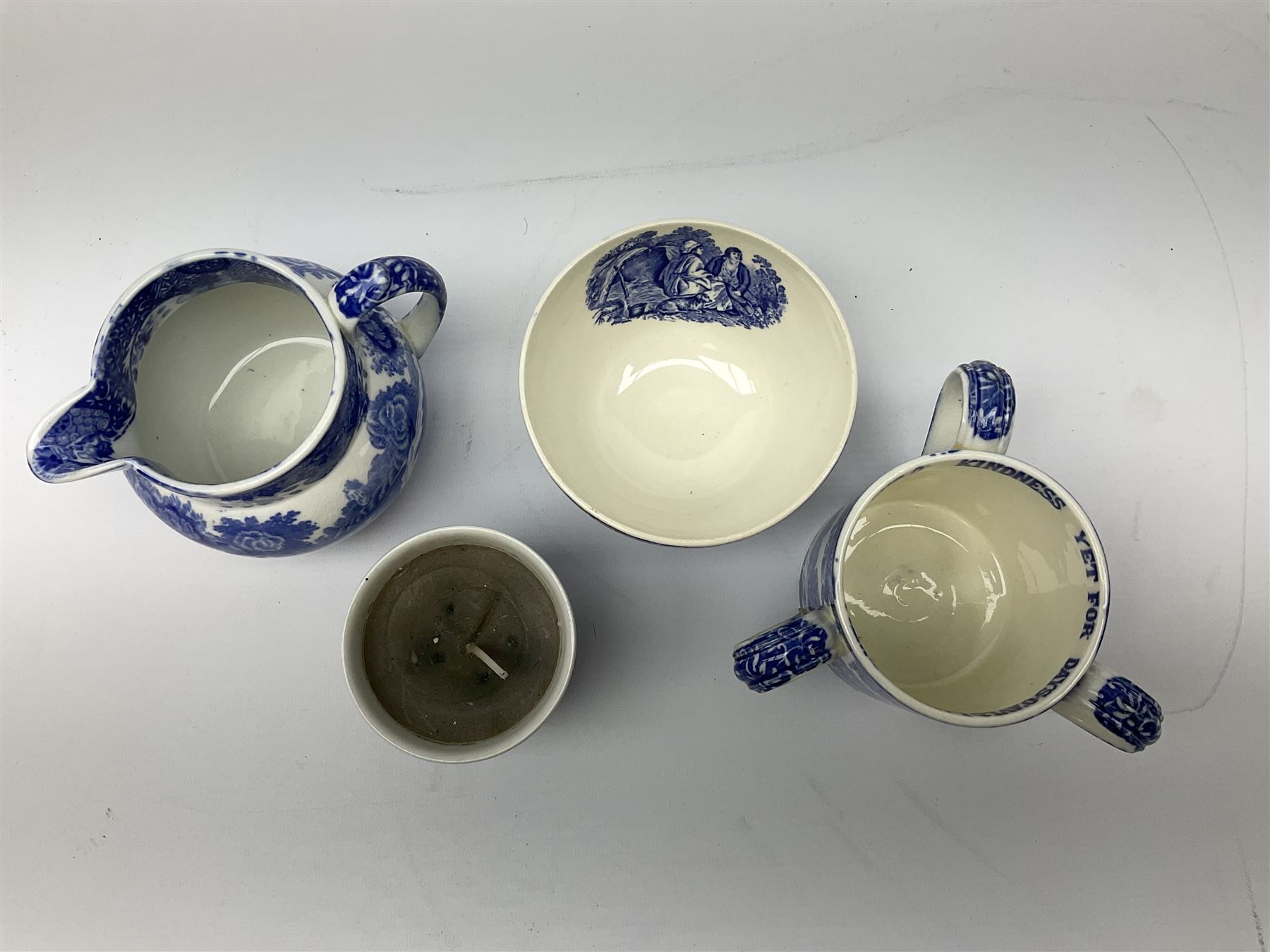 Copeland Spode Italian pattern tyg, inscribed with Auld Lang Syne to interior rim, with printed blue mark beneath (a/f), together with Spode Italian Pattern jug with blue mark, Spode’s Byron bowl with blue mark and Spode Italian pattern candle with black mark (4)