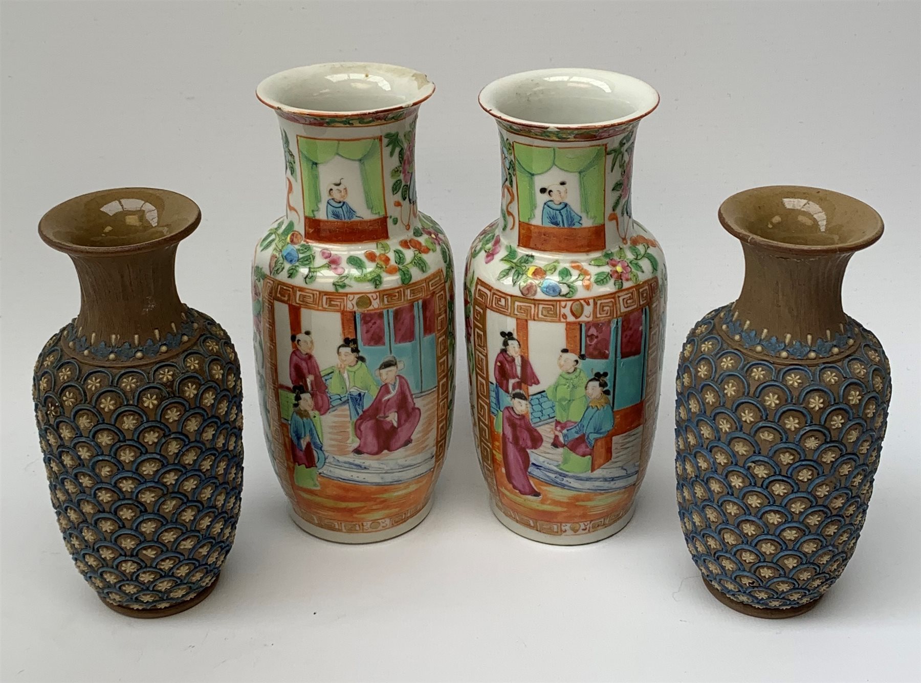 Pair of late 19th century Doulton Lambeth Silicon ware vases and a pair of 19th century Cantonese Famille rose vases, H20.5cm 