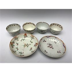 Late 18th century New Hall teawares, decorated in the Pink Ribbon pattern, comprising five coffee cups, five tea bowls, and five saucers, together with a collection of other New Hall teawares, including slop bowl, tea bowl, and three saucers, decorated in the Knitting pattern, two 241 pattern tea bowls, and other 18th century examples painted in the New Hall style with floral sprigs and sprays