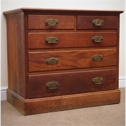  Late 19th century mahogany chest, deep inset leather top, two short and three long drawers, plinth base, W91cm, H82cm, D56cm  