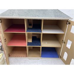 Georgian style paper lined wooden dolls house, three storey with wooden and plastic accessories and window fixtures, H90cm, W96cm, D52cm