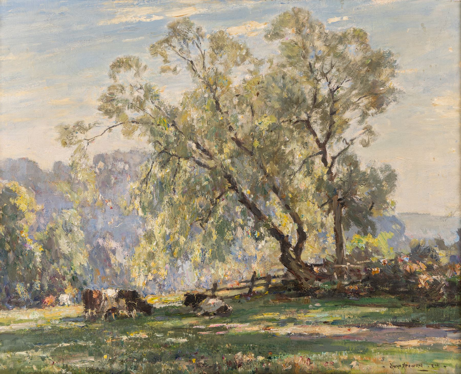 Owen Bowen (Staithes Group 1873-1967): Cattle Resting in Summer Shade, oil on canvas signed and dated '24, 42cm x 52cm
