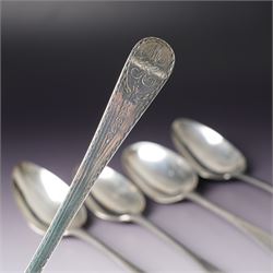 George III silver bright cut table spoon London 1781 Maker Hester Bateman, another London 1782 Maker Thomas Wallis I and three others (5)