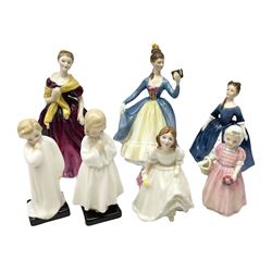 Royal Doulton figures, comprising Lynsey HN3043, Tinkle Bell HN1677, Debbie HN2385, Bedtime HN 1978, Darling HN1985, Adrienne HN3159 and Leading Lady HN2296