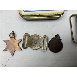 Miscellaneous militaria including two Royal Artillery and one Royal Horse Artillery stable belts; Northamptonshire Regiment trench art brass shell case lighter; unused Matchless Fire-Set; pocket knives and multi-tool; lanyards; oak shield with York & Lancaster crest etc